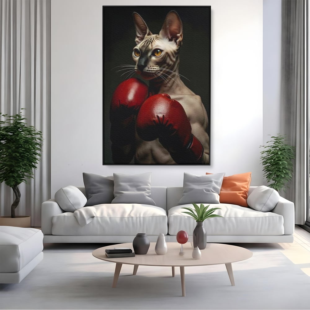 Tablou canvas cu tablou canvas cu motan sphynx boxer, in rama de aluminiu negru, pe perete intr-un living